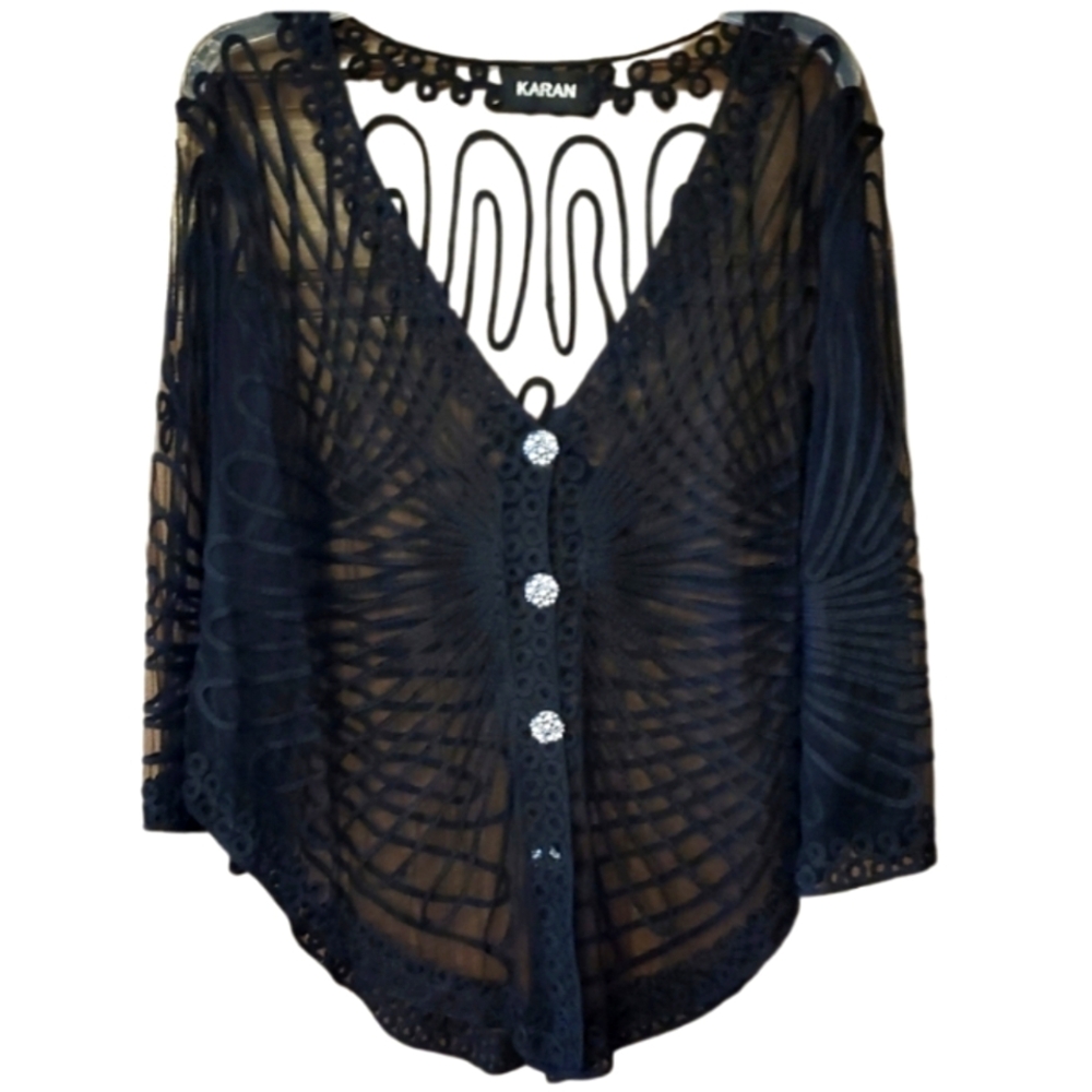 Karan‎ Black Sheer Cardigan with Embellished Rhinestone Buttons